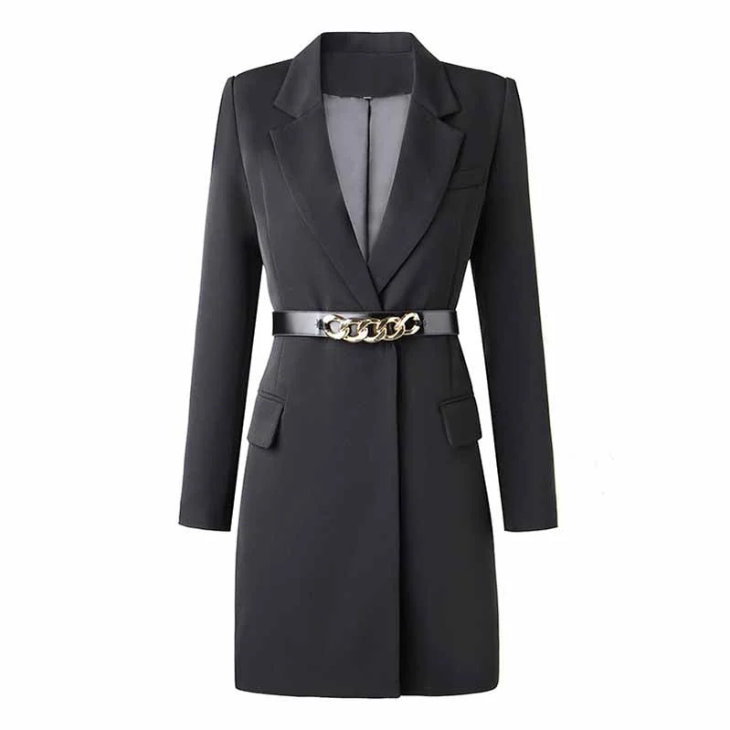 trench coat with hood for women -Black Long Sleeve Blazer Dress With Belt Gold Buttons