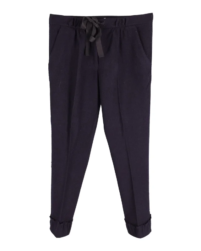 comfortable yoga leggings for women -Nina Ricci Slim Fit Garterized Pants in Navy Blue Wool