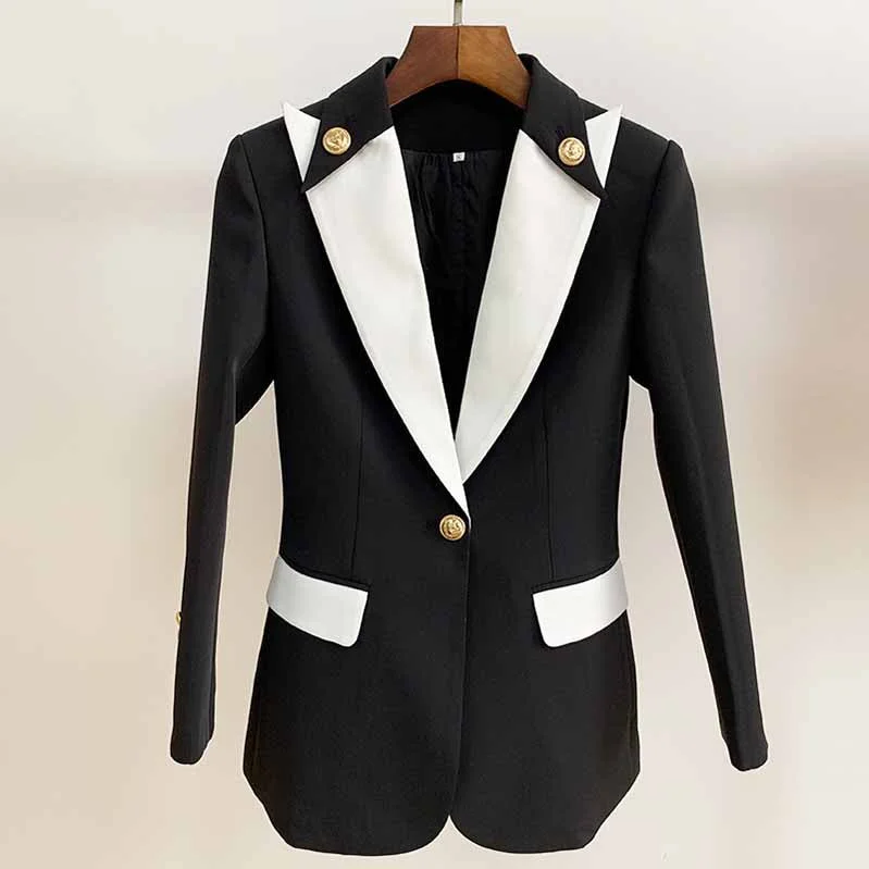 casual jackets for women -White Collar Blazer Black Jacket Womens Black Coat with One Button Outerwear