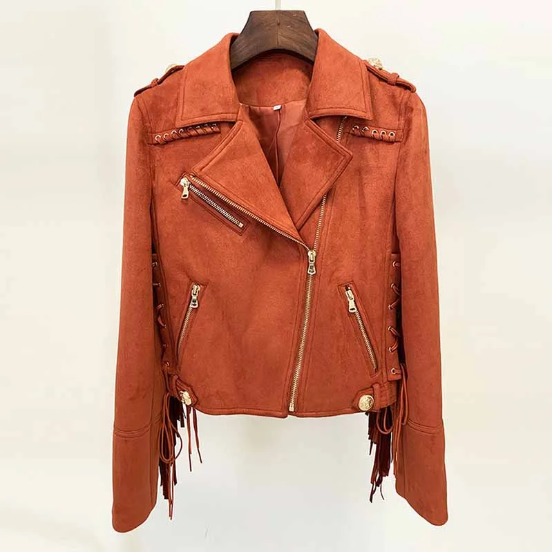 casual quilted jackets for women -Women Fringed Suede Asymmetric Zip Biker Jacket  X-Zip Fitted Rust Coat