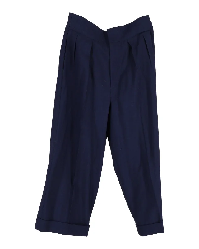 drawstring pants for women -Marni Pleated Trousers in Navy Blue Wool