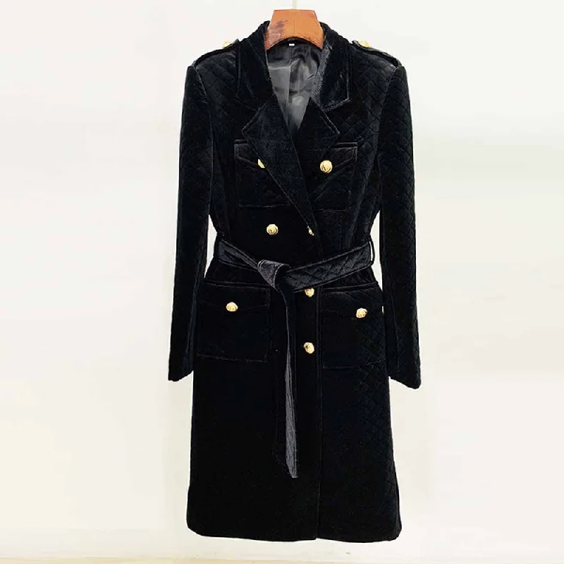 trendy puffer coats for women -Women black double breasted coat belted velvet long length coat