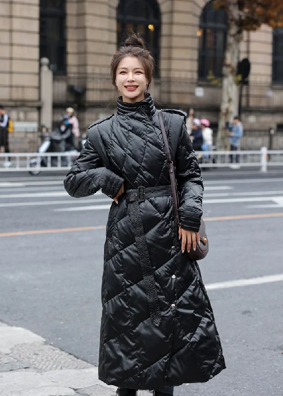 retro-style jackets for women -Black Belted Down Puffy Long Coat