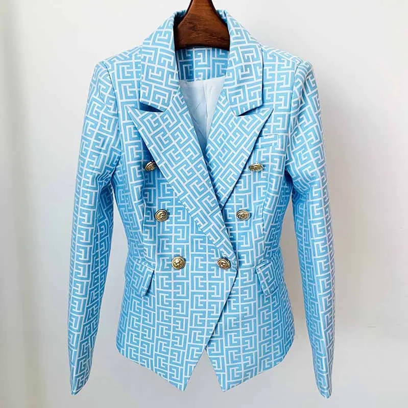 women's faux fur coats -Women's Blue Blazer Labyrinth Pattern Jacket Coats with Gold Buttons