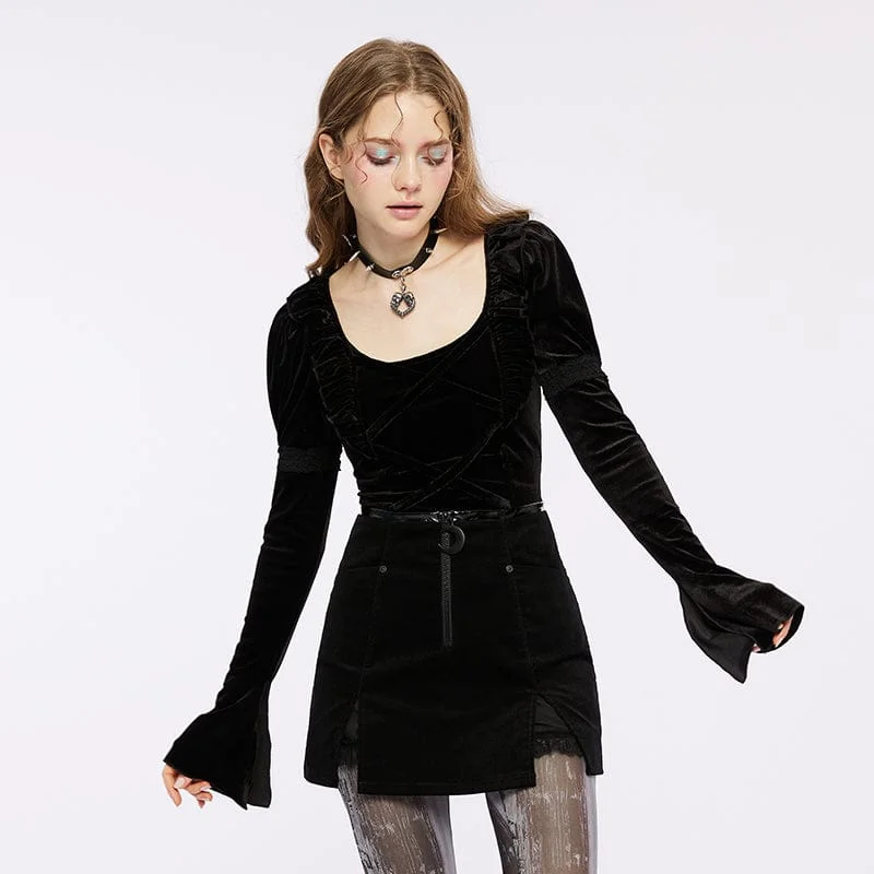 ruched tops for women -Women's Gothic Strappy Puff Sleeved Velvet Shirt