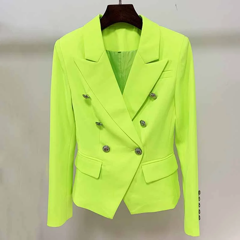 longline coats for women -Women's Fitted Silver Lion Buttons Fitted Jacket Blazer Neon Yellow