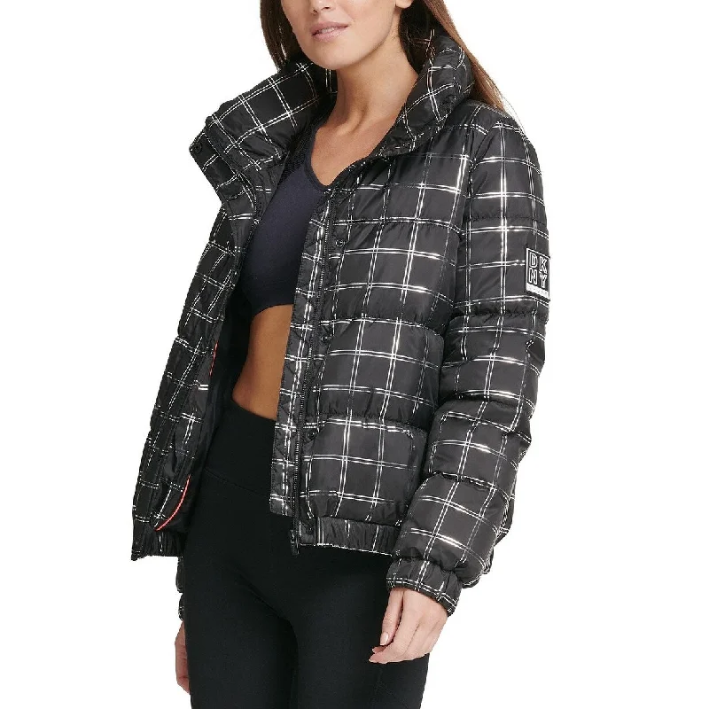 trendy coat jackets for women -DKNY Sport Women's Metallic Plaid Puffer Jacket Black Size Small