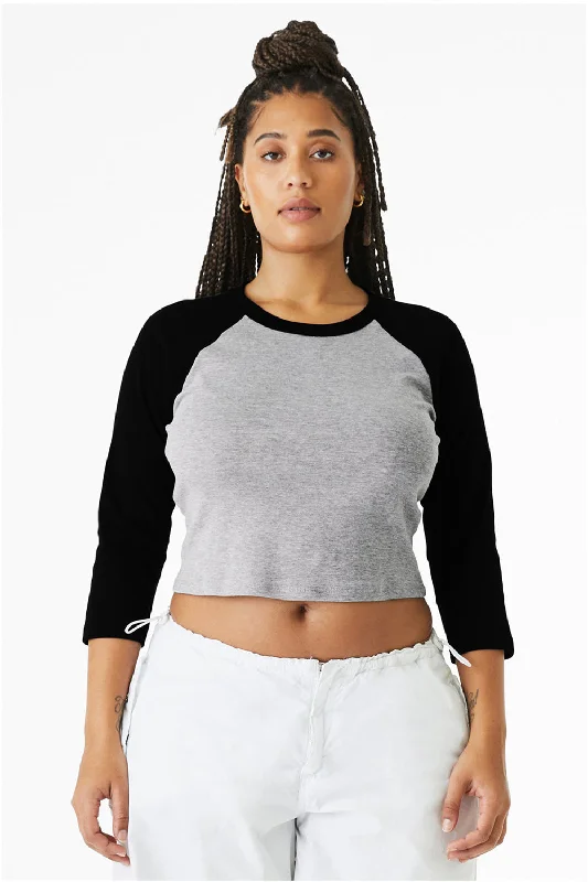 soft fabric tops for women -Bella + Canvas Womens Micro Ribbed Raglan 3/4 Sleeve Crewneck Baby T-Shirt - Heather Grey/Black