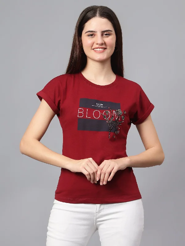 trendy women's shirts -Women's Casual Regular Short Sleeve Maroon Round neck Applique & Print T-Shirt