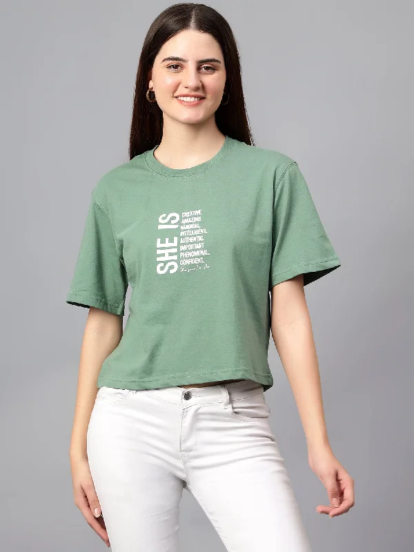 elegant women's tops -Women's Casual Regular Short Sleeve Sea Green Round neck Typographic Print T-Shirt