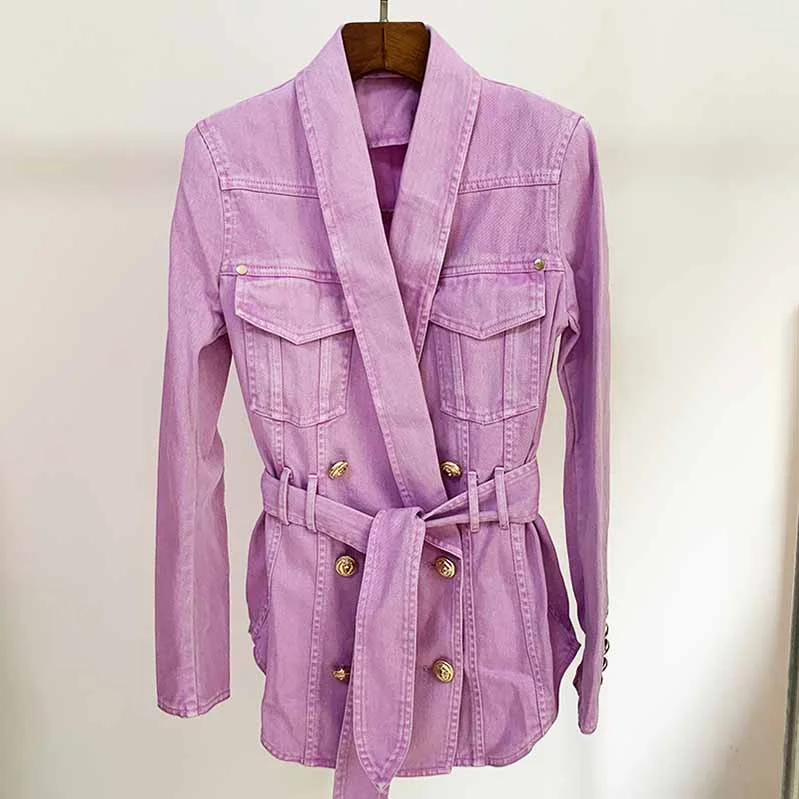 relaxed-fit jackets for women -Women's Denim Jacket Lace Up Outwear Coat In Pink Purple Color