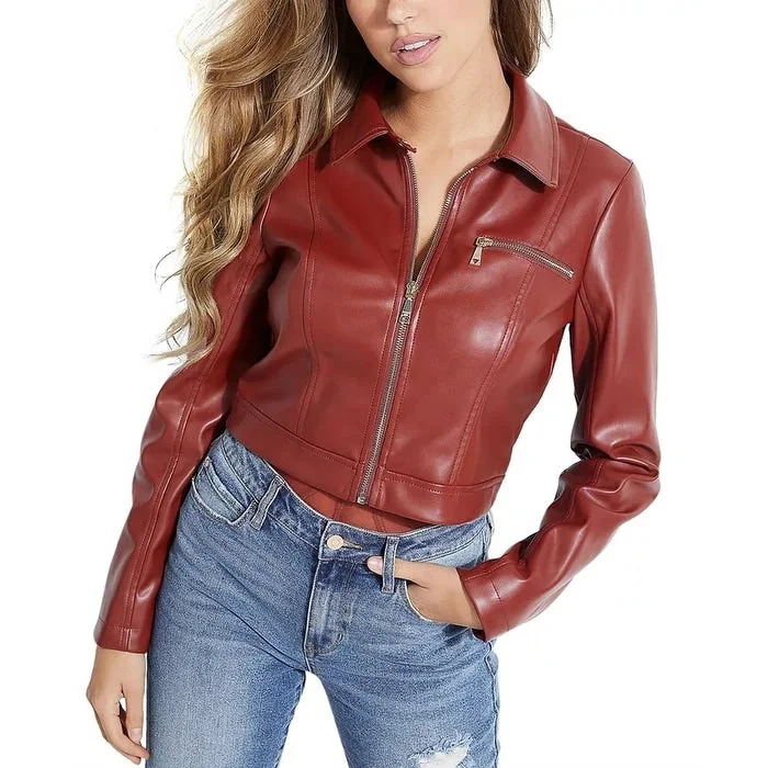 lightweight jackets for women -Guess Cella Women's Cropped Faux-Leather Jacket Red Size Extra Large - X-Large