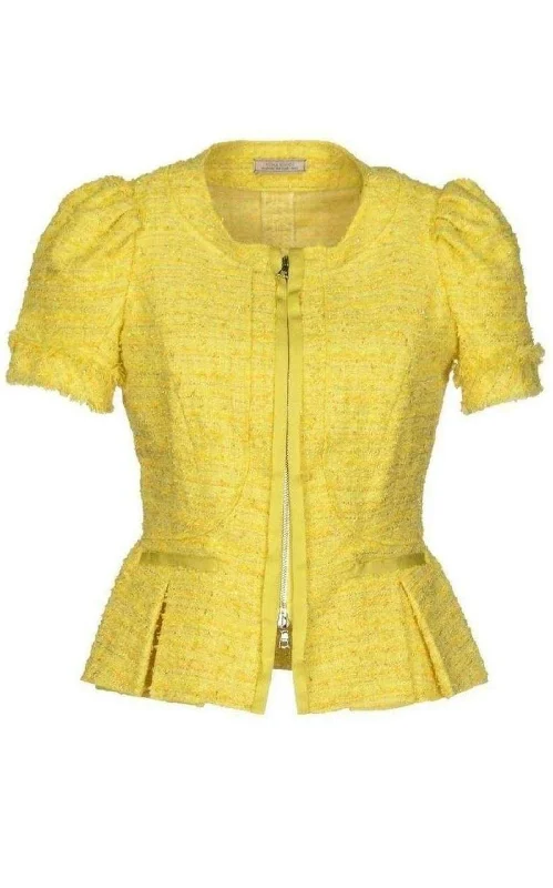 wool blend coats for women -Yellow Tweed Cropped Blazer Jacket