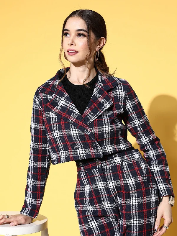 office coat blazers for women -Women Navy Flannel Check Crop Blazer