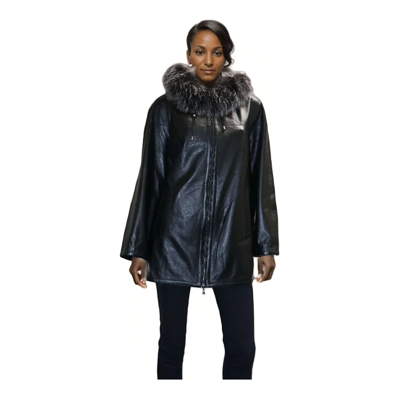 short puffer jackets for women -Barya New York Women's Reversible Genuine Leather Jacket