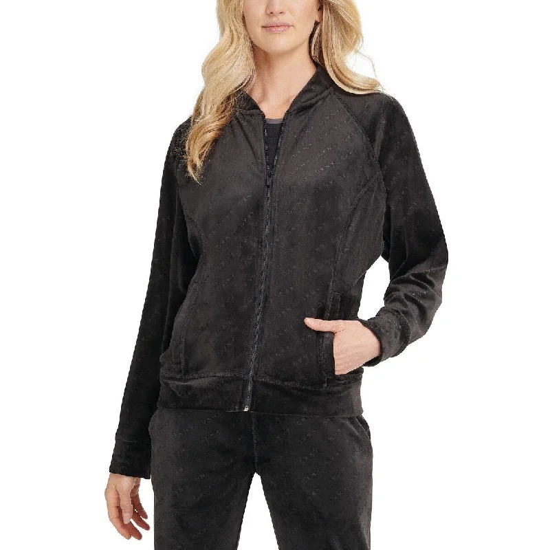 longline coats for women -DKNY Women's Sport Velour Logo-Print Bomber Jacket Black Size X-Large