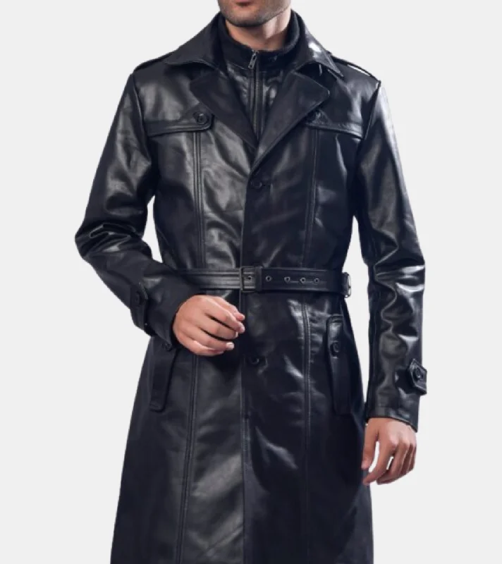 stylish rain jackets for women -Bellamy Men's Black Leather Trench Coat