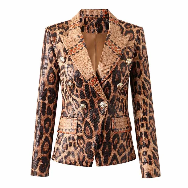 comfortable zip jackets for women -Double Breasted PU Leather Blazer Leopard Print Slim Jacket Gold Buttons