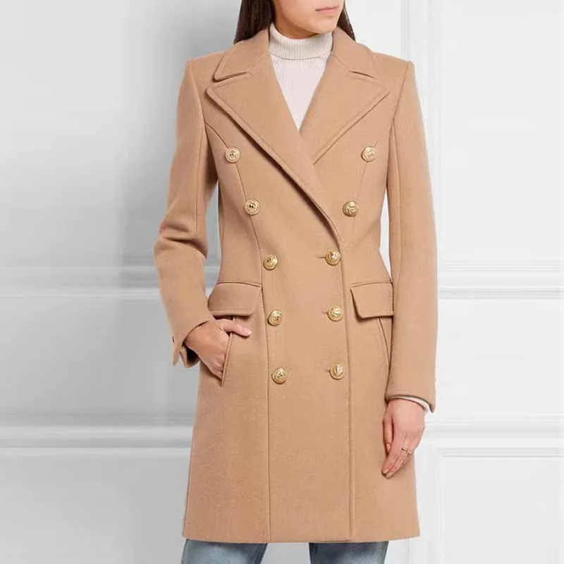 women's wool coats -Women's Lapel Double Breasted Belted Mid Long Outwear Winter Coat