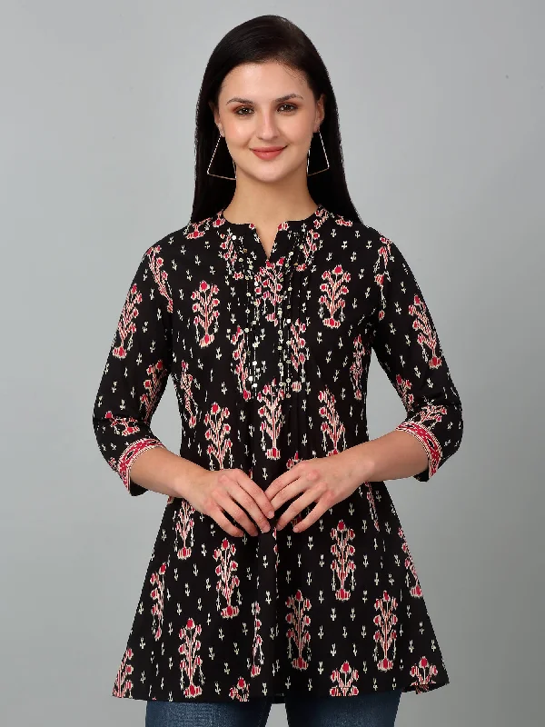 button-up shirts for women -Women's Band Collar Black All Over Printed Short Length Kurti