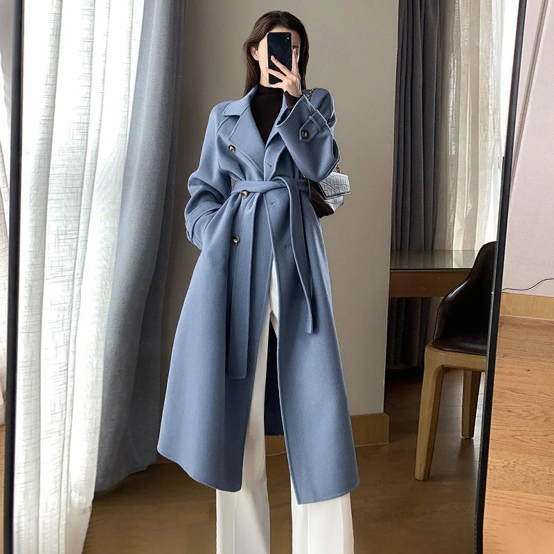 women's short fur coats -Belted Long Wool Coat