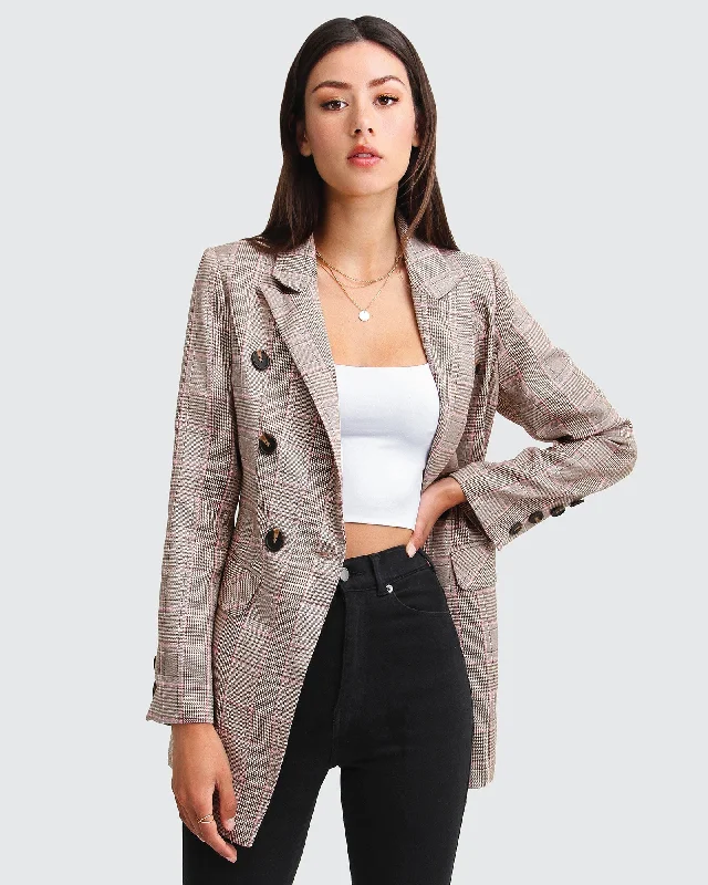 puffer jackets for women -Too Cool For Work Plaid Blazer - Brown