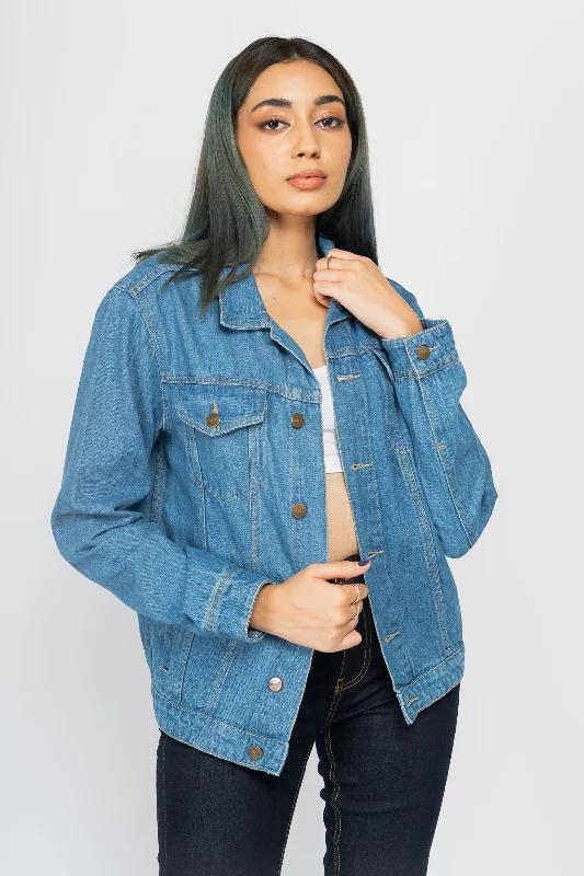 women's sleek winter jackets -Mid-Blue Denim Trucker Jacket