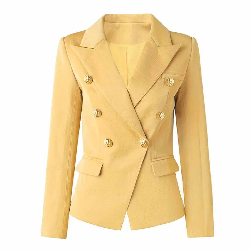 elegant woolen jackets for women -Women Velvet Yellow Double Breasted Blazer Gold Buttons Jacket