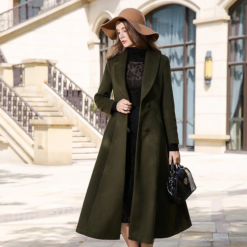 long trench coats for women -Custom Shawl Collar Fit & Flare Wool Blend Coat