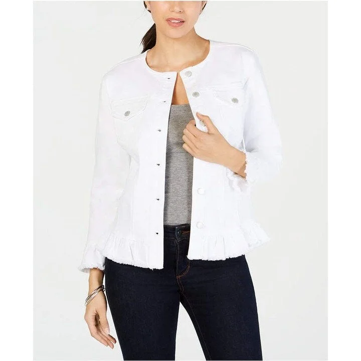 women's zip-up parkas -Charter Club Women's Frayed Peplum-Hem Denim Jacket White Size Large