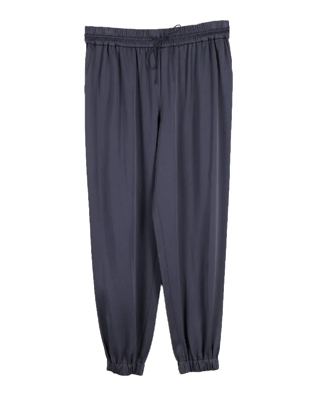 printed jogger pants for women -Jason Wu Drawstring Pants in Navy Blue Silk