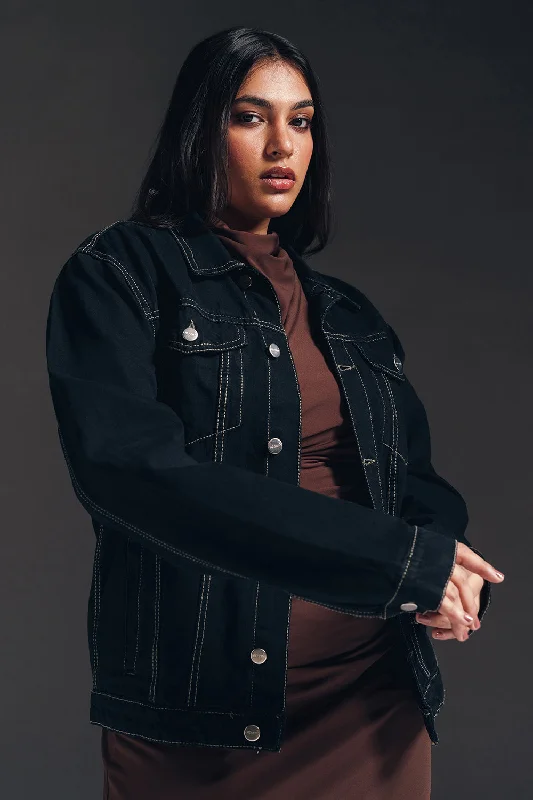 denim jackets for women -Vanta Black Curve Denim Trucker Jacket