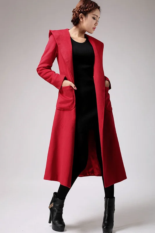 cozy cardigans for women -Charming Red Winter Wool Coat Long Jacket 0714#