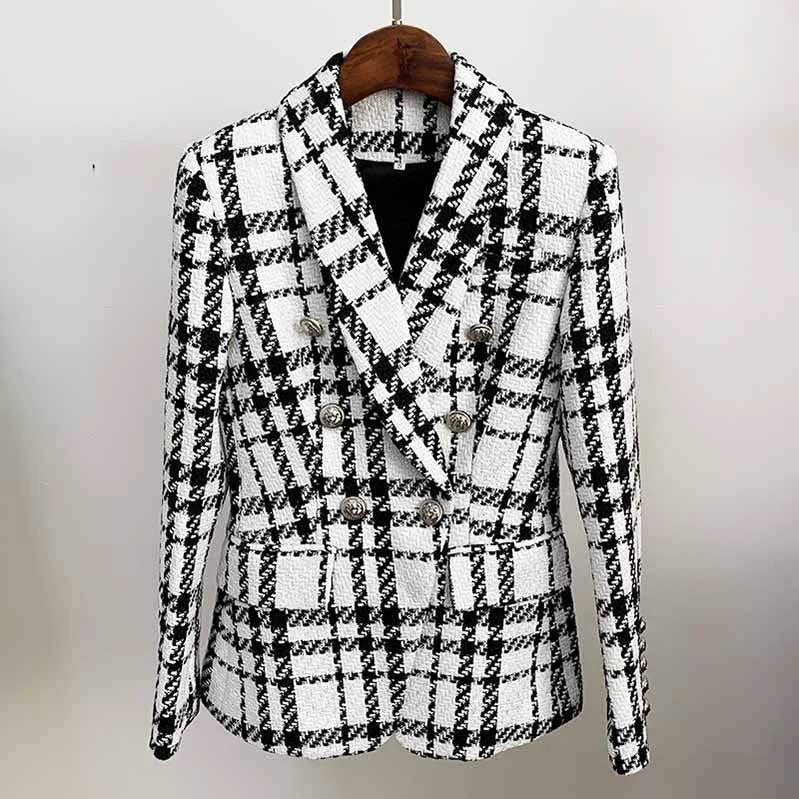 classic black jackets for women -Fashion Lion Button Checker Tweed Wool Double Breasted Plaid Blazer