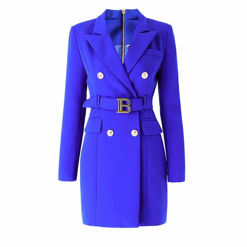 padded jackets for women -Women Royal Blue Double Breasted Blazer Trench Coat Mini Dress