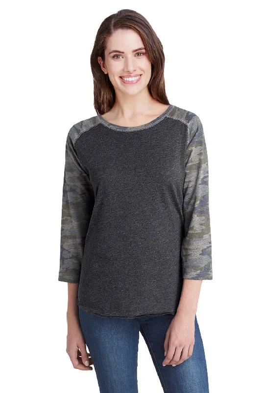 women's v-neck shirts -LAT Womens Fine Jersey 3/4 Sleeve Crewneck T-Shirt - Vintage Smoke Grey/Camo