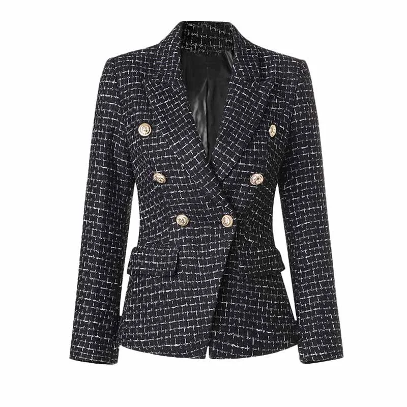 casual plaid jackets for women -Women's Black Plaid Tweed Blazer Double Breasted Business Jacket