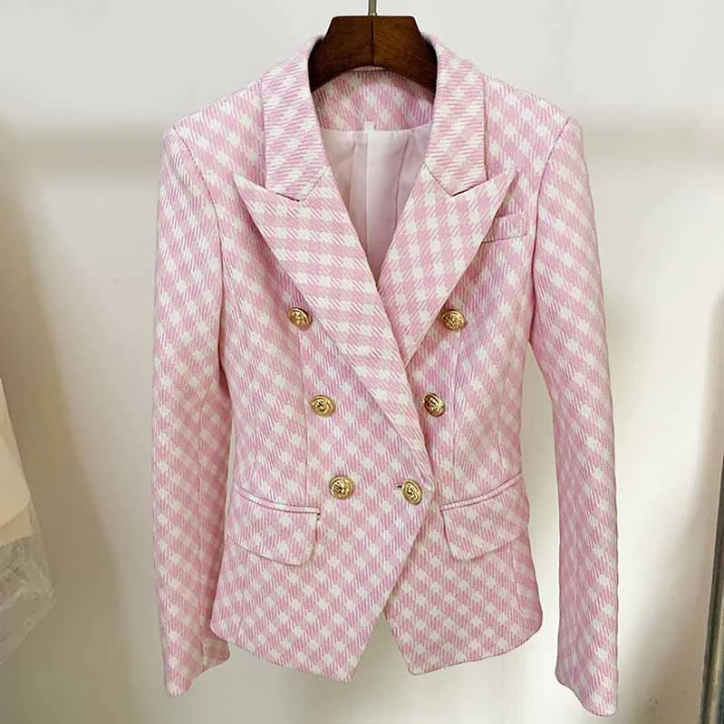 warm puffer jackets for women -Women's Pink White Tweed Luxury Fitted Double Breasted Blazer with Lion Buttons