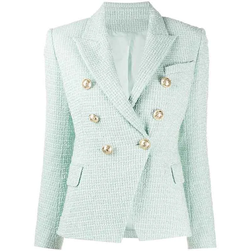 retro-style jackets for women -Women's Mint Golden Lion Buttons Fitted Blazer Jacket