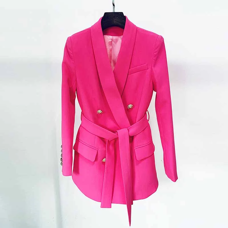 lightweight windbreakers for women -Women Pink Blazer Jackets Double Gold Breasted Lace Up Blazers