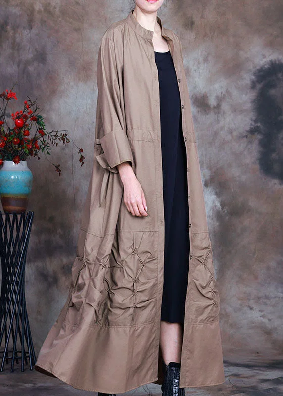 reversible jackets for women -Plus Size Khaki Button tie waist Spring trench coats