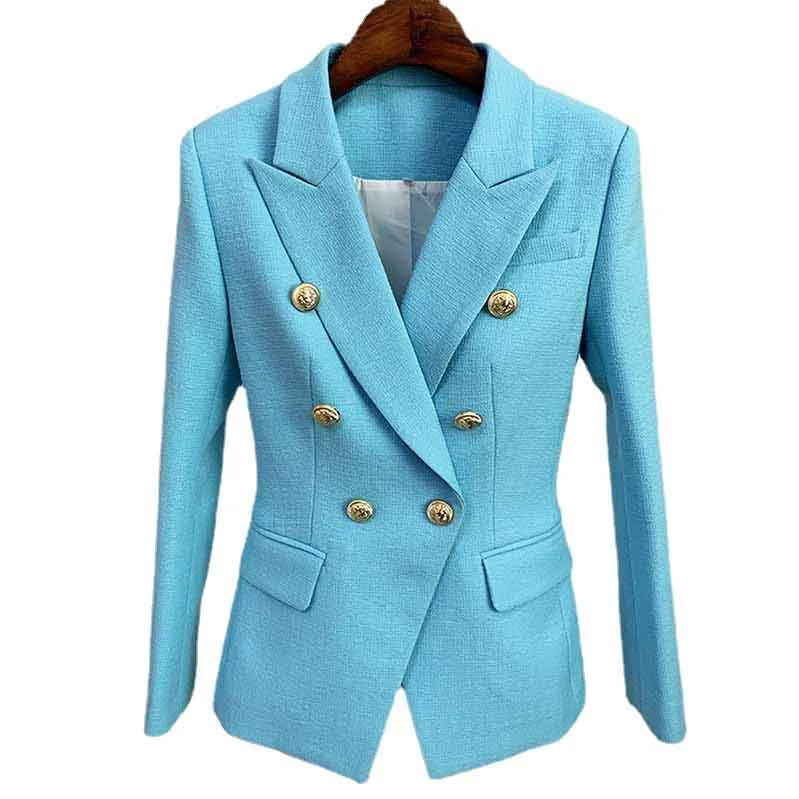 chic blazers for women -Women's Sky Blue Golden Lion Buttons Fitted Blazer Jacket