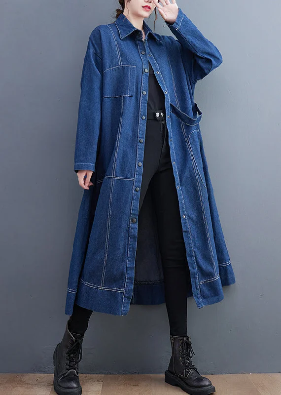 lightweight jackets for women -Blue Patchwork Denim Long Trench Coat Peter Pan Collar Long Sleeve