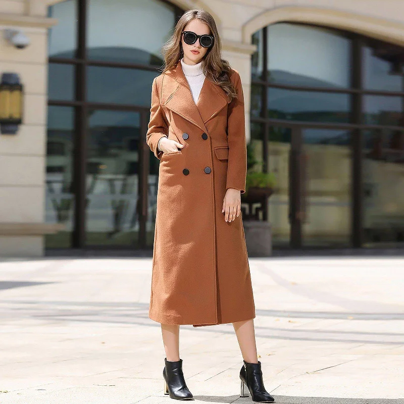 women's faux leather coats -Custom Brown Double Breasted Wide Lapel Wool Blend Coat