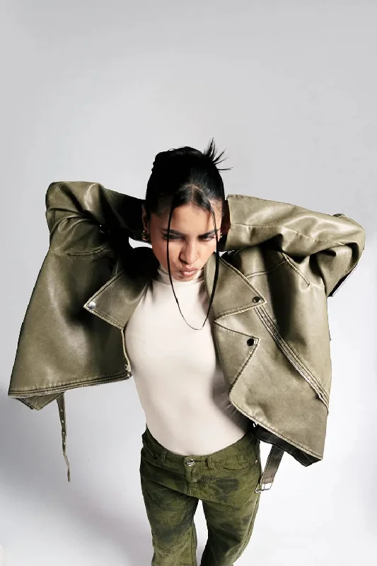 women's sleek bomber jackets -Olive Luxe Leather Biker Jacket