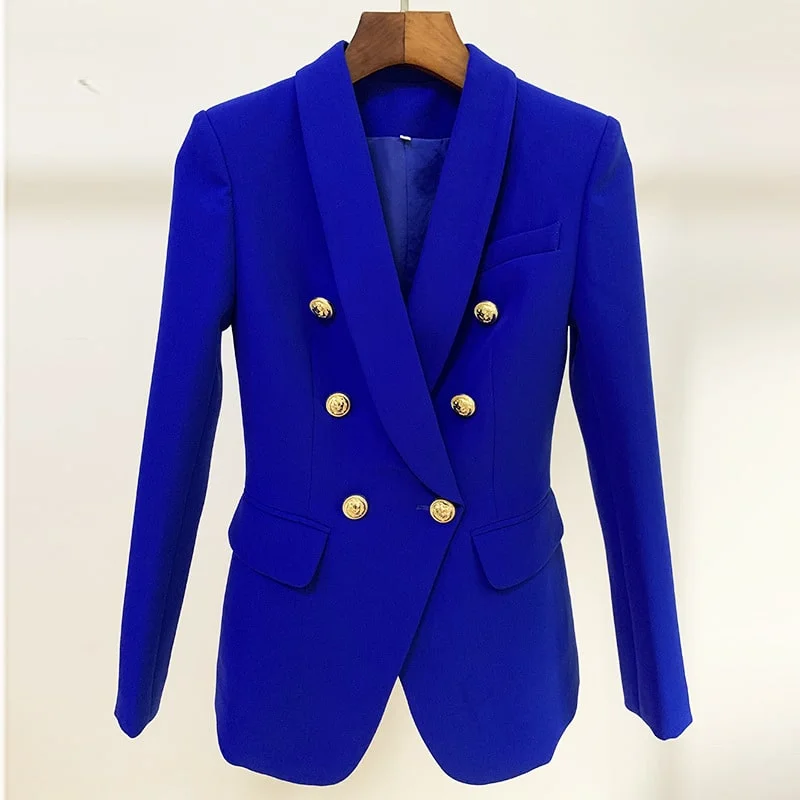 women's double-breasted coats -Women's Fitted Gold Lion Buttons Fitted Jacket Royal Blue Blazer