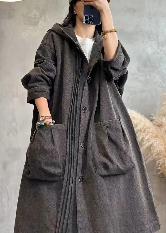 quilted coats for women -Vintage Black Wrinkled Patchwork Button Hooded Denim Trench Coats Long Sleeve