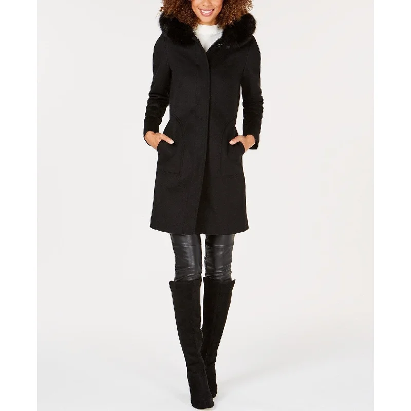 women's trench coat with belt -Forecaster Women's Fox-Fur-Trim Hooded Walker Coat Black Size 12