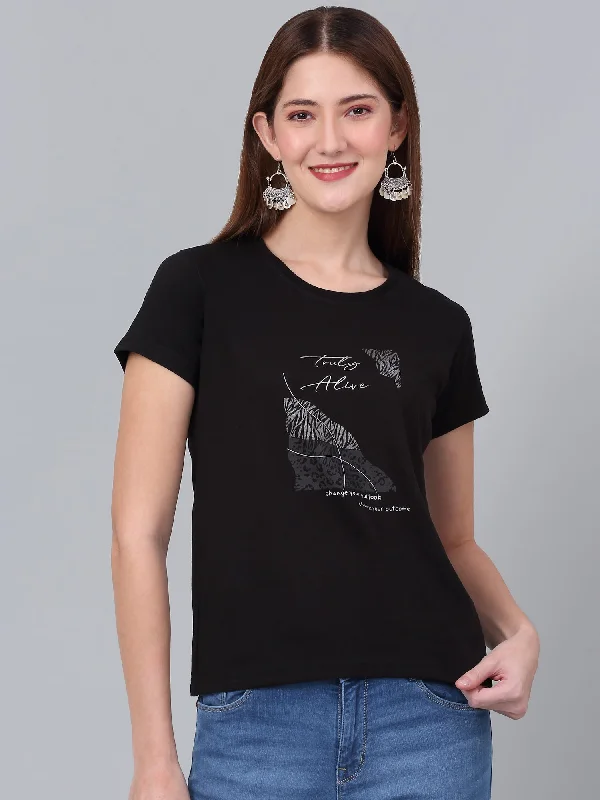 casual women's tops -Women's Black Printed Short Sleeve T-shirt