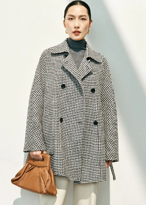 warm winter jackets for women -Houndstooth Double Breasted Wool Cashmere Coat